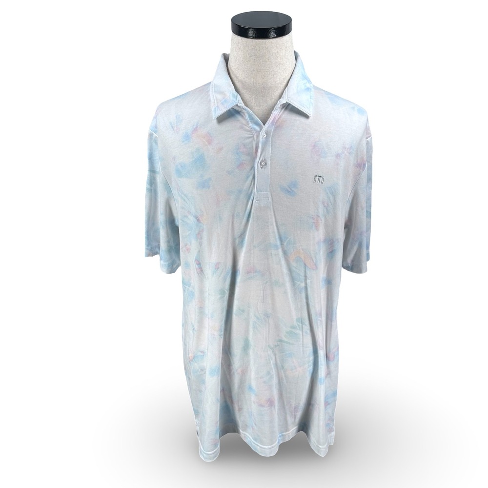 Travis Mathew Mens XL Light Blue Watercolor Tie Dye Short Sleeve Golf Polo Shirt